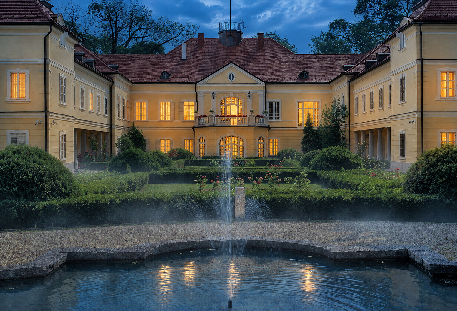 A Szidónia Kastélyhotel alkonyatkor, kivilágított ablakokkal